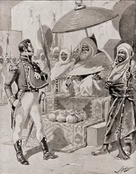 Kapten William Bainbridge som betalar tribut till deyen av Alger för att säkra amerikanska handelsfartygs frihet från fångst i Medelhavet år 1800, från The History of Our Country, publicerad 19